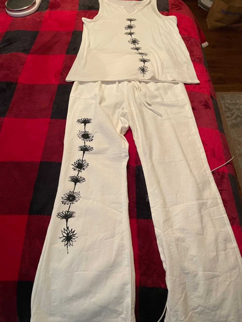 Wide Leg White Lounge Pants with Black Floral Trim
